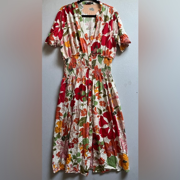 Zara Dresses & Skirts - Zara Floral Smocked Waist Midi Dress Button Front XL